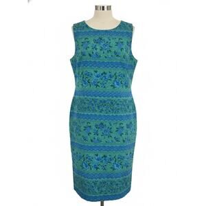 Koret Size 14 Teal Blue Floral Print Medallion Sheath Dress